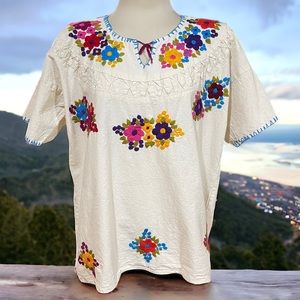 Vintage Mexico ~ Colorful Floral Embroidered Tunic ~ No Label Handmade